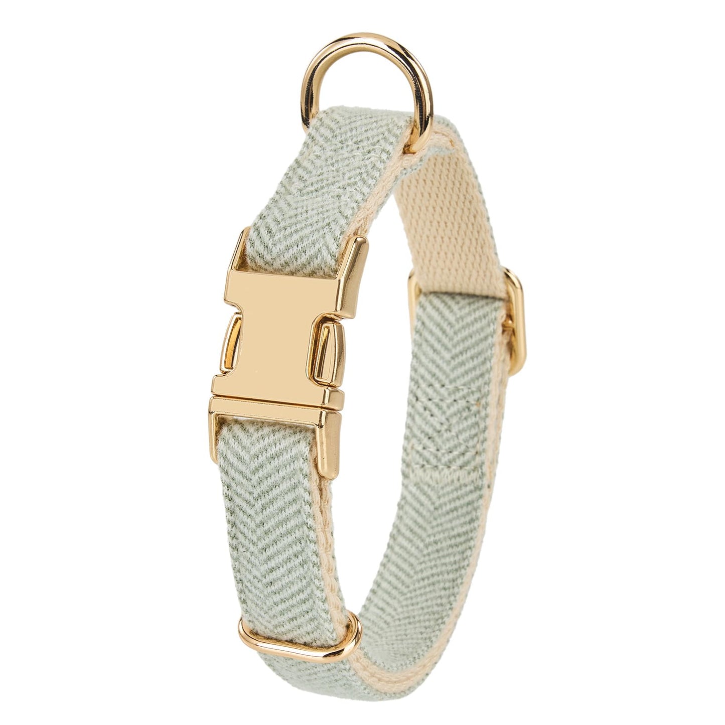 A light sage green herringbone canvas dog collar with gold-tone metal hardware, including a buckle, D-ring, and adjustment loop, shown on a plain white background.