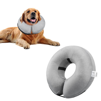 A gray U-shaped dog travel neck pillow shown on a white background, with a golden retriever lying in the upper left wearing the neck pillow as a collar.