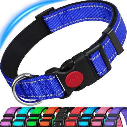 A blue reflective dog collar with white stitching, a black plastic buckle, and a red button closure, shown on a white background with a blue glow effect. A row of smaller color options is visible along the bottom.