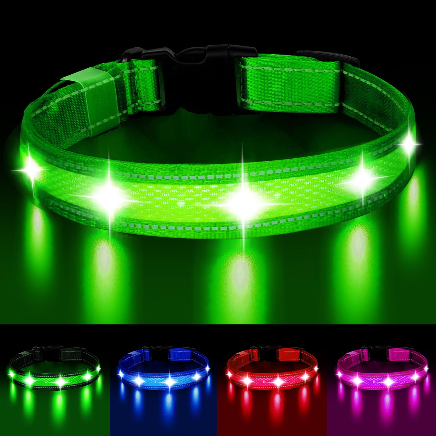 A glowing LED dog collar shown on a black background, with the main collar in bright green and four smaller color variants along the bottom in green, blue, red, and pink. The collar has a black buckle and reflective striping.