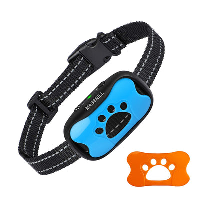 A dog collar training device with a black adjustable nylon strap, a blue and black paw-shaped electronic module, and an orange bone-shaped remote control on a plain white background.