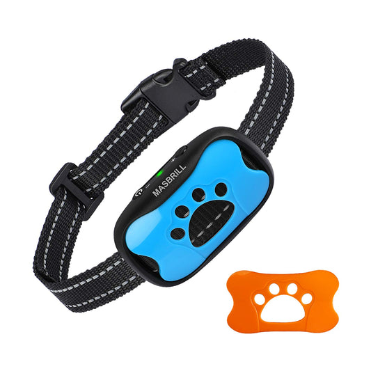 A dog collar training device with a black adjustable nylon strap, a blue and black paw-shaped electronic module, and an orange bone-shaped remote control on a plain white background.
