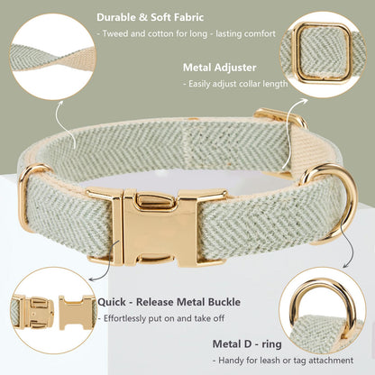 A light beige and white herringbone-patterned fabric dog collar with gold-toned metal hardware, shown with callout circles and text highlighting features like adjustable metal buckle, quick-release buckle, metal D-ring, and durable soft fabric.