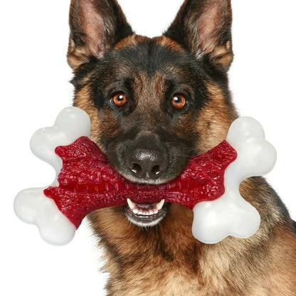 A German Shepherd dog holding a red crocodile-embossed bone-shaped dog toy in its mouth, isolated on a white background.