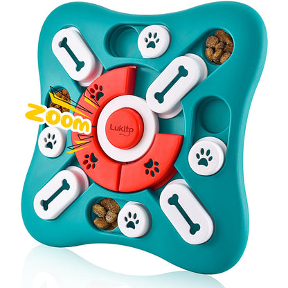 A teal and red Lukito dog puzzle toy with white bone and paw print inserts, shown on a clean white background with a zoom-in overlay.