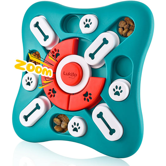 A teal and red Lukito dog puzzle toy with white bone and paw print inserts, shown on a clean white background with a zoom-in overlay.