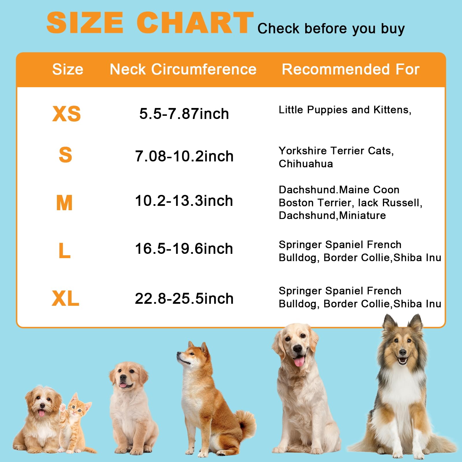 A size chart graphic for pet clothing or sizing, with a light blue background, orange header text reading 'SIZE CHART', and a table listing sizes XS through XL, neck circumference ranges, and recommended dog and cat breeds. Small photos of several dogs and a cat appear along the bottom.