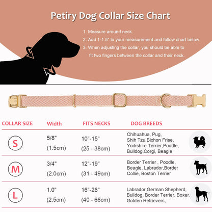 Petty dog collar size chart infographic showing a pink woven dog collar with gold hardware, a black dog silhouette, sizing instructions, and a size table from S to L with widths and suitable breeds.