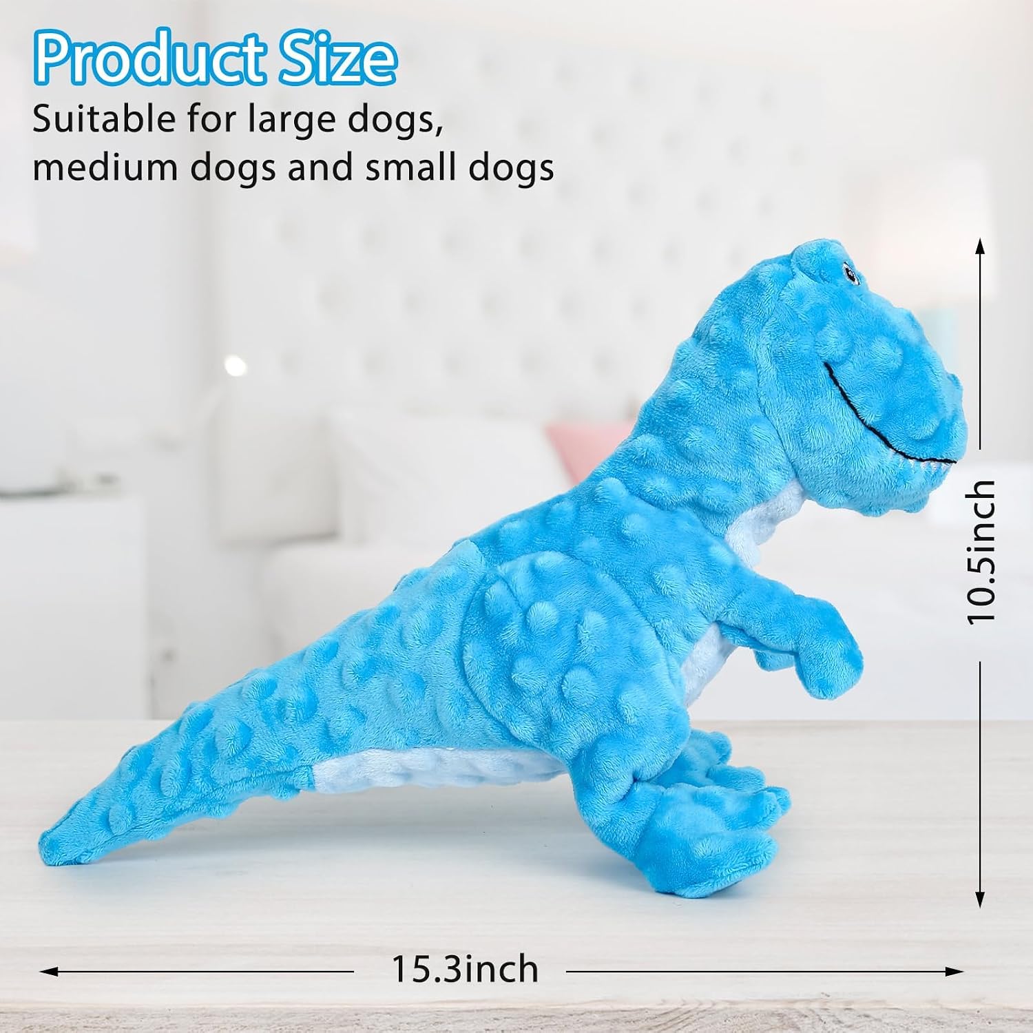Blue dinosaur-shaped dog toy with measurements on a white background