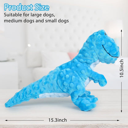 Blue dinosaur-shaped dog toy with measurements on a white background