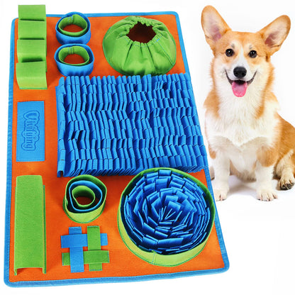 Dog puzzle mat with various interactive elements and a dog sitting next to it.