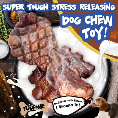 Dog chew toy with text about stress relief and delicious milk flavor, featuring the brand 'FUUFOME'.